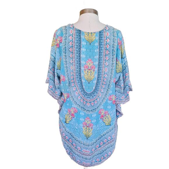 Tolani Narissa Boho Caftan Tunic Top Small Aqua Blue Pink Floral - Picture 4 of 8